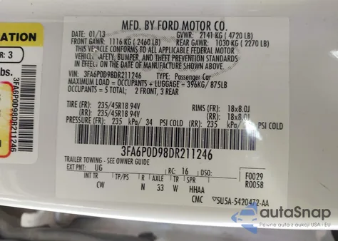 2013 Ford Fusion Titanium z USA, uszkodzony, nr VIN 3FA6P0D98DR211246